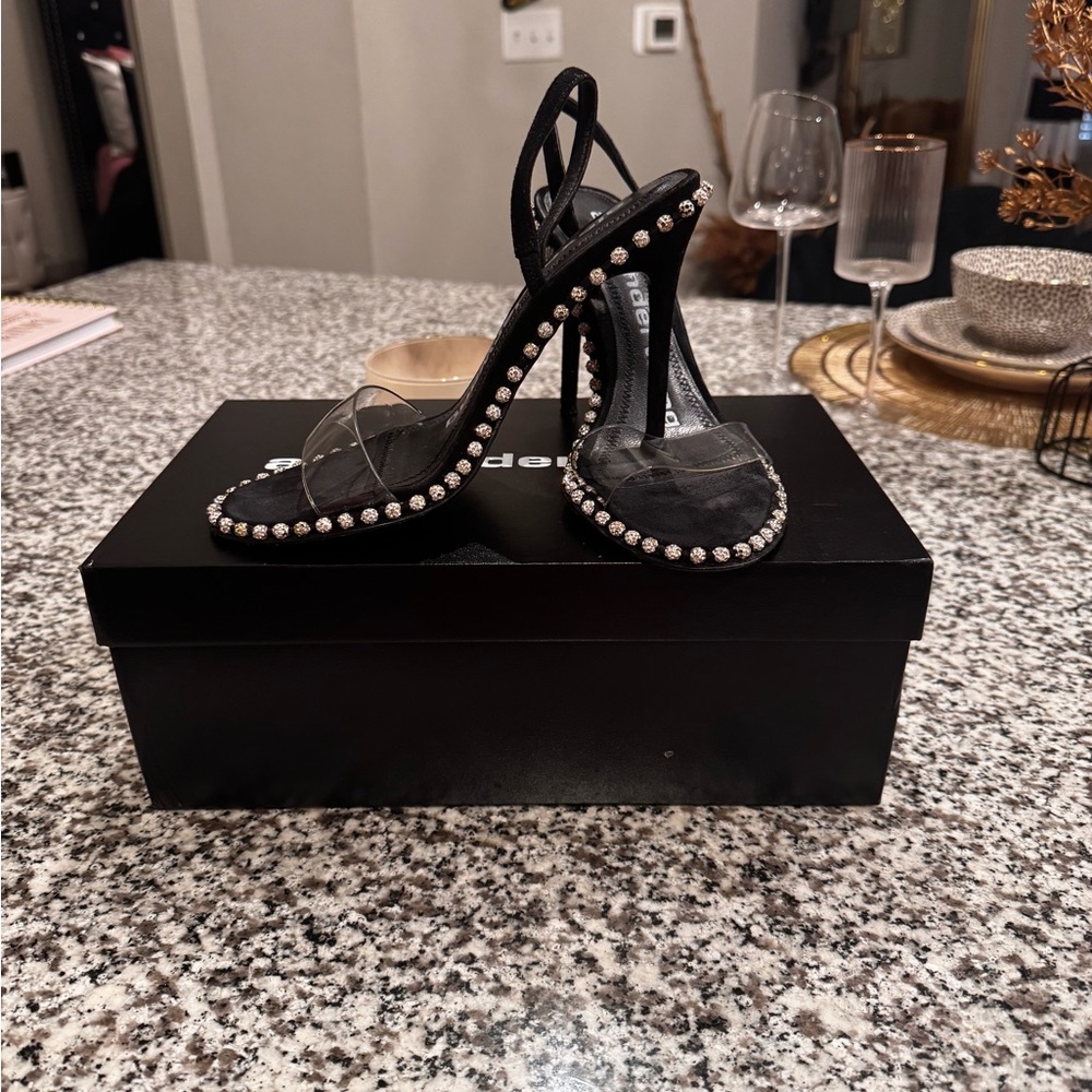 Alexander Wang Black and Clear Heels with Pearl Accents
